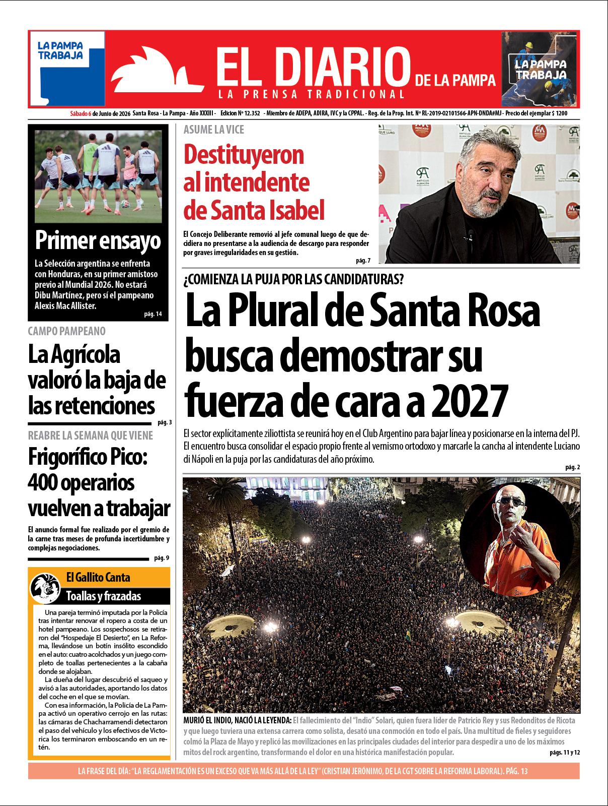 Tapa de El Diario en papel  saacutebado 06 de junio de 2026
